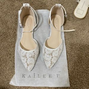 Kailee P Ivory Crochet Lace Pointy Toe Flats with Ankle Strap